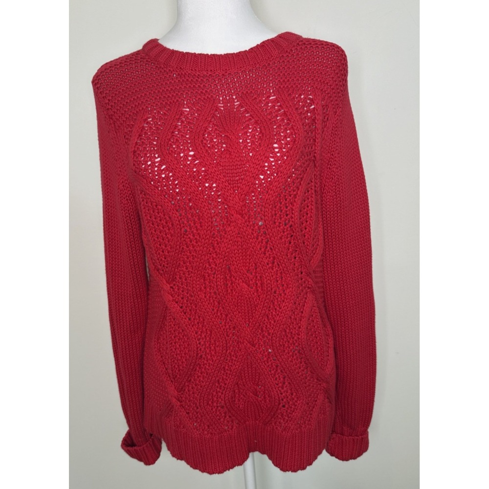 Lands End Drifter Sweater Womens Small Red Chunky Cable Knit Fisherman Cabin S